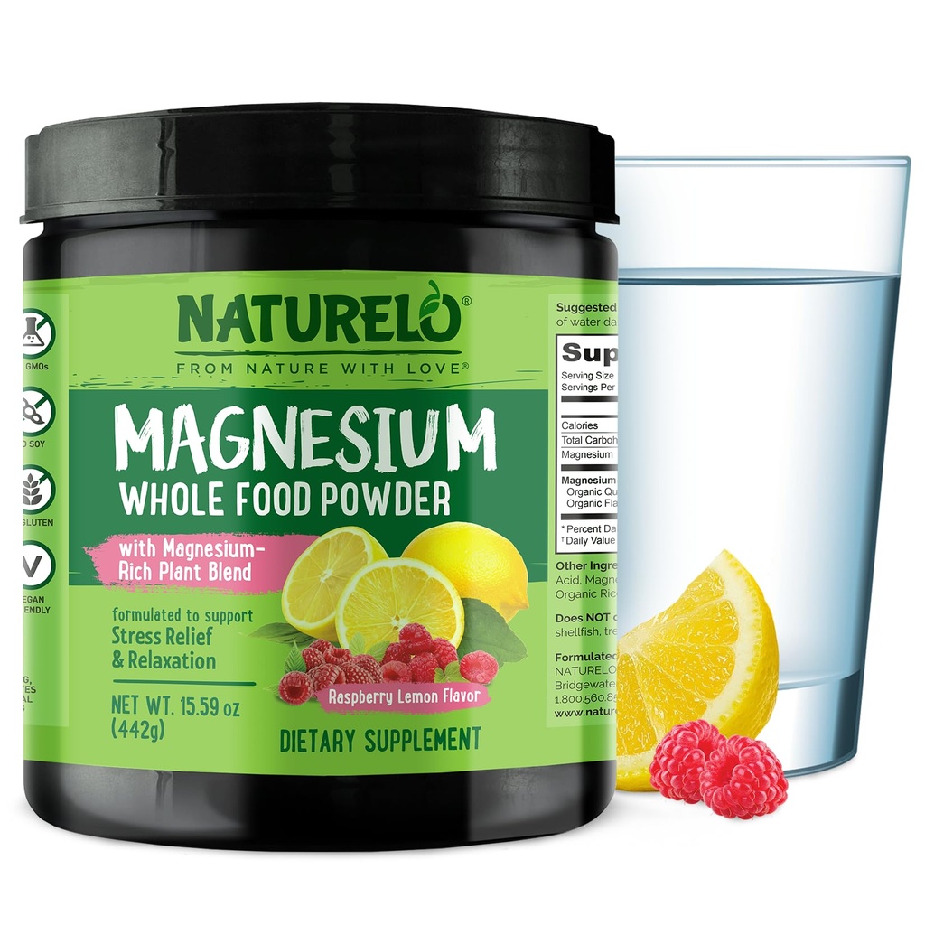 NATURELO Magnesium pulver - Hele mat Calm Magnesium pulver med Quinoa, Blomkål, & Flaksfrø for stress relief, bringebær sitron 85 serveringer, 15oz