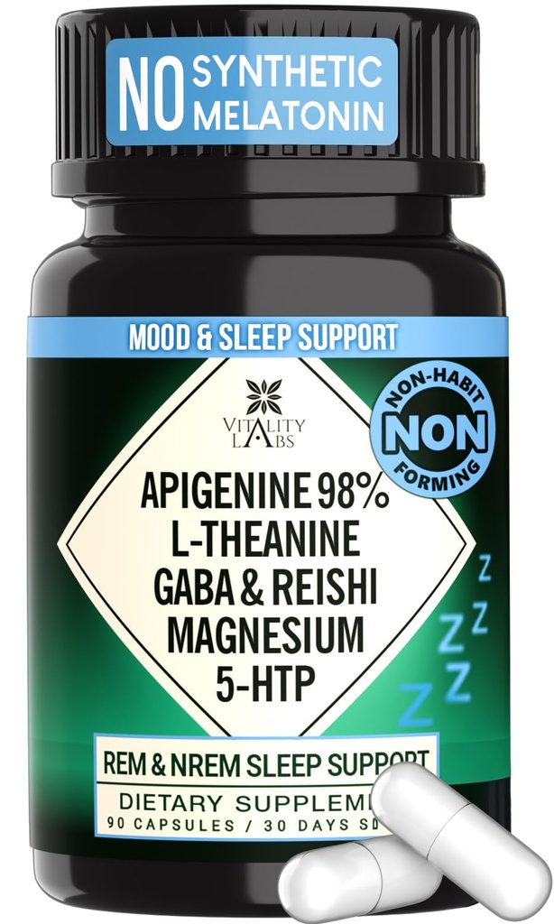 Naturlig søvnhjelp Supplement for voksne uten Melatonin - Ikke-habit forming herbal søvn - GABA, L-Theanine, Reishi Mushroom, Apigenin, Magnesium Glycinate, 5-HTP - 90 Vegankapsler