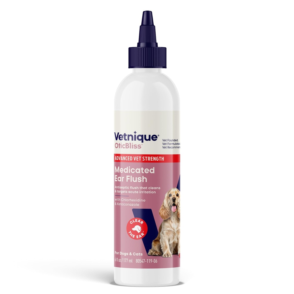 Vetnique Oticbliss Avansert styrke medisinsk hund øreinfeksjon behandling, antiseptisk ørerenser for katt og hund øre rengjøring løsning klorhexidin og ketokonazol (6oz flush)
