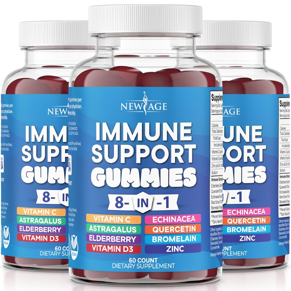 Nyt AGE 8 i 1 Immun Support Booster Supplement med Astragalus Root, vitamin C og sink 50 mg, vitamin D 5000 IU, Quercetin & Bromelain (8 i 1 Gummies (Pack of 3))