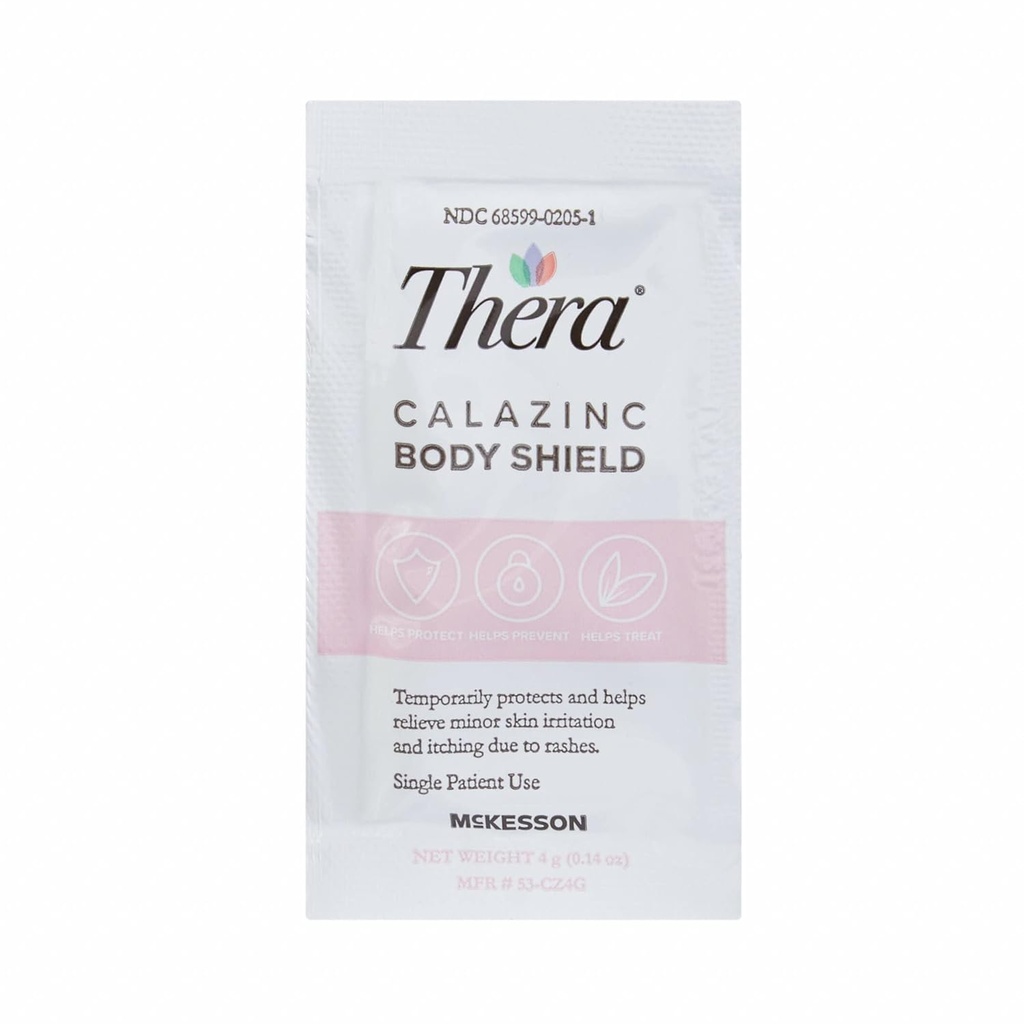 Thera Calazinc Body Shield, Calamine med sink krem [144 pakker totalt] -Skin Barrier Ointment for Eczema, Psoriasis, Diaper Rash - Individual Packets, 4 g Packet