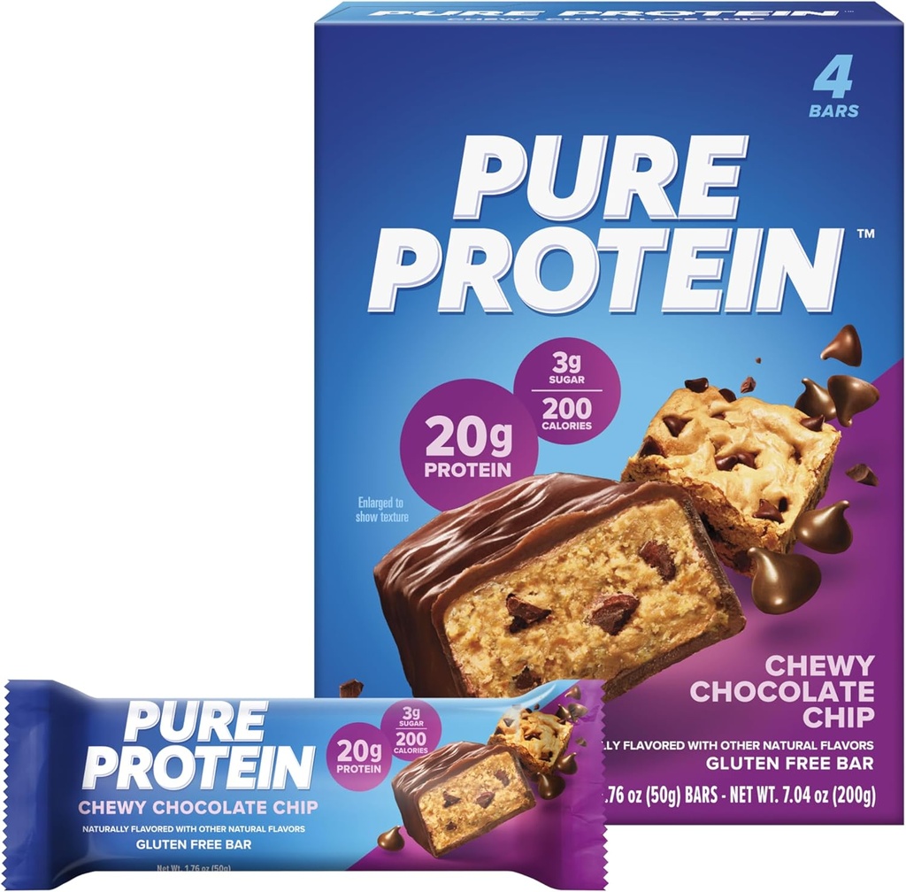 Rene proteinbarer, høyt protein, næringsrike snacks for å støtte energi, lavt sukker, glutenfri, Chewy sjokolade Chip, 1.76oz, Pakke med 4