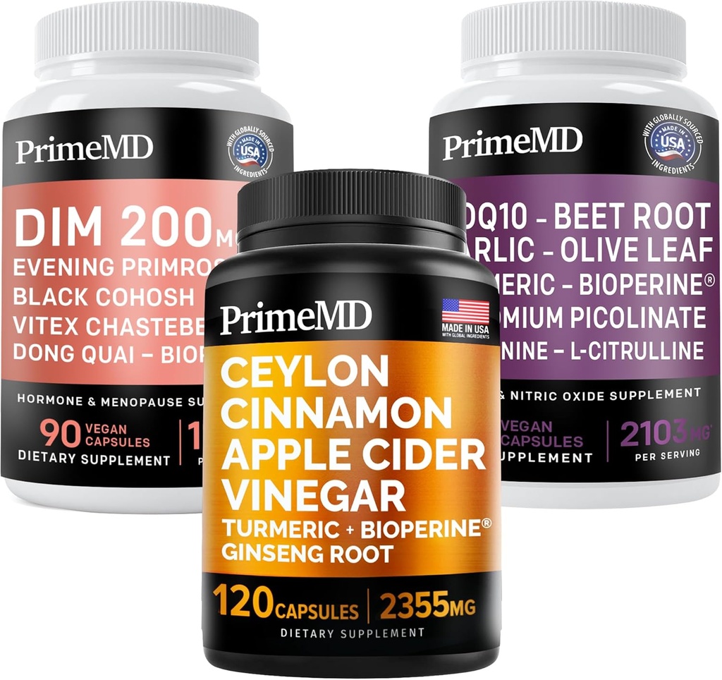 Ceylon Cinnamon (1pk), Nitric Oxid (1pk), og Menopause Support (1pk) Supplement Bundle - Potent vitaminer for hjerte, metabolisme, hormon, og immunstøtte - Ikke-GMO, Vegan, Glutenfri