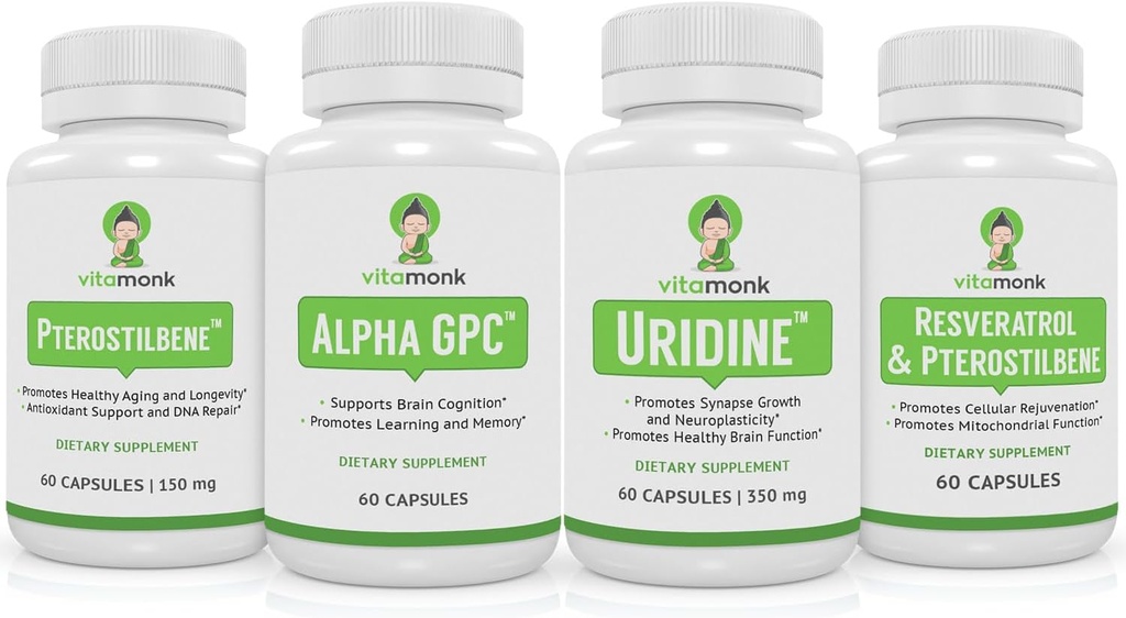 VitaMonk Resveratrol, Pterostilbene, Alpha GPC og Uridine Bundle - Langvarighet og Hjerne Boosting Stack