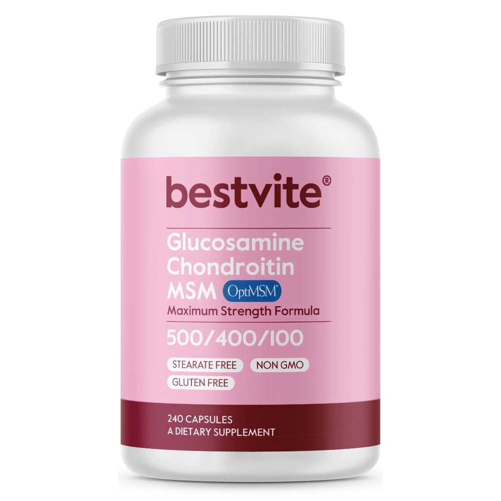 BESTVITE Glucosamine Chondroitin MSM 500/400/100 per kapsel (240 kapsler) med patentert OptiMSM - Maks styrkeformula for felles støtte - Ingen stearates - Glutenfri - Ikke GMO