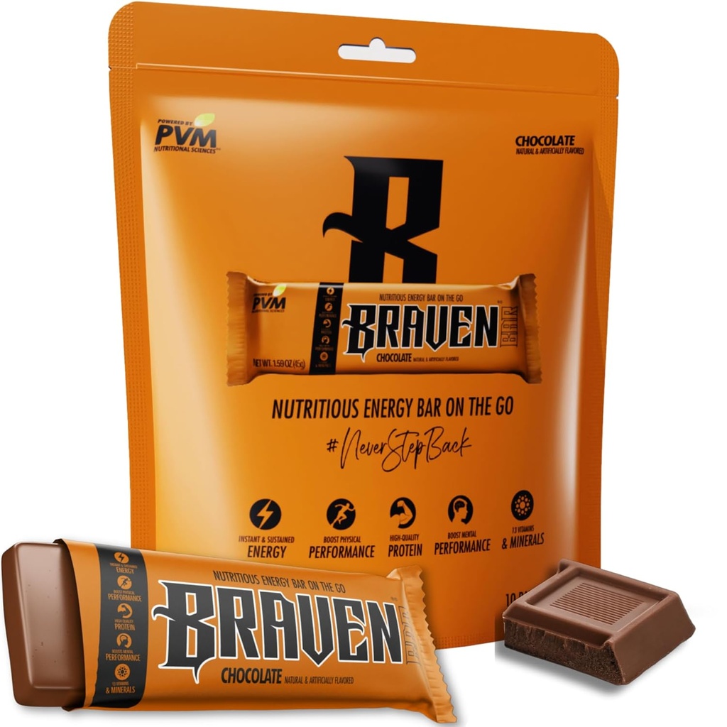 Braven Bar Sjokolade Energi Barer (1,59 oz, Pakke med 10) – Energi Chews med 5g Protein – On-the-Go Energi Snacks for løp, fotturer og idrett - Glutenfri snacks for disponert energi Boost