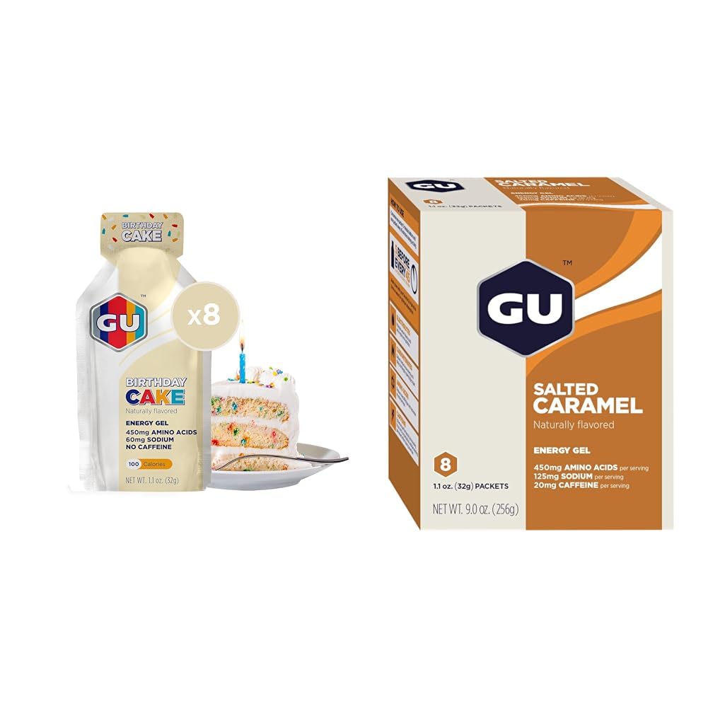 GU Energi Original Sport Ernæring Energi Gel, 8-count Birthday Cake og 8-count Salted Caramel Flavors