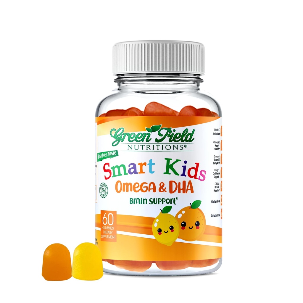 Greenfield Nutritions Smart Kids Halal Omega 3 Gummies med DHA - 60 Halal Vitaminer for barn, støtter hjerne og immun helse - Vegansk, ikke-GMO, Gluten, Gelatin-fri og peanut-fri Halal Gummy vitaminer
