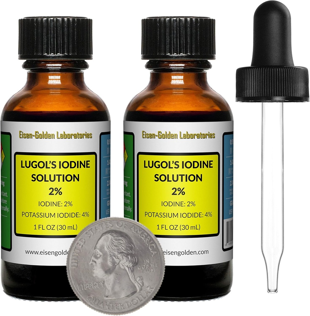 Lugol iodin / 2% løsning / 2 Oz i to Amber glassflasker / gratis droppers / USA