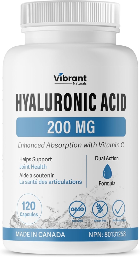 Hyaluronsyre Supplement 200 mg - 120 kapsler, med vitamin C 100mg, felles og hud helse, ikke-GMO Fermentering, Glutenfri, tredjepart testet, Biotilgjengelig formel