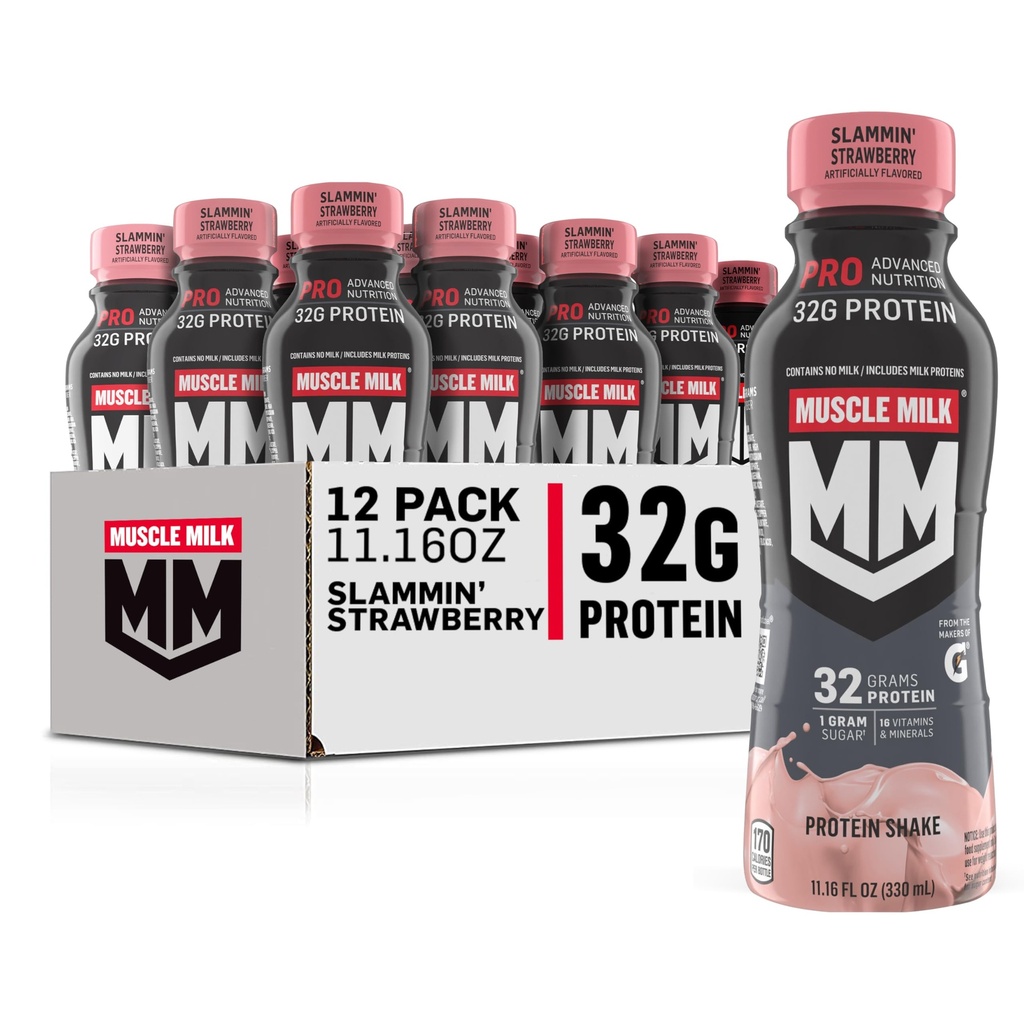 Muskelmelk Pro Avansert ernæringsprotein Shake, Slammin ' Strawberry, 11.16 Fl Oz (pakke på 12), 32g Protein, 1g Sukker, 16 vitaminer og mineraler, 5g Fiber