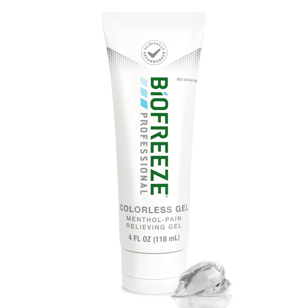 Biofreeze Profesjonell Gel smertelindring, Knøye og nedre rygg smertelindring, ledsmerter lempelse, Sore muskel lindring, hals smertelindring, kjøling ledd smertelindring, fargeløs Menthol Gel 4 Fl Oz
