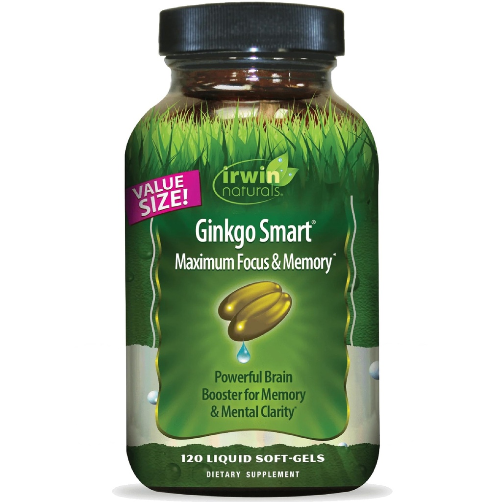 Irwin Naturals Ginkgo Smart Kraftig Nootropic Brain Booster - støtter maksimal hukommelse, fokus og mental klarhet med DMAE, Clubmoss, Choline & Acetyl L-karnitin - 120 flytende Softgels