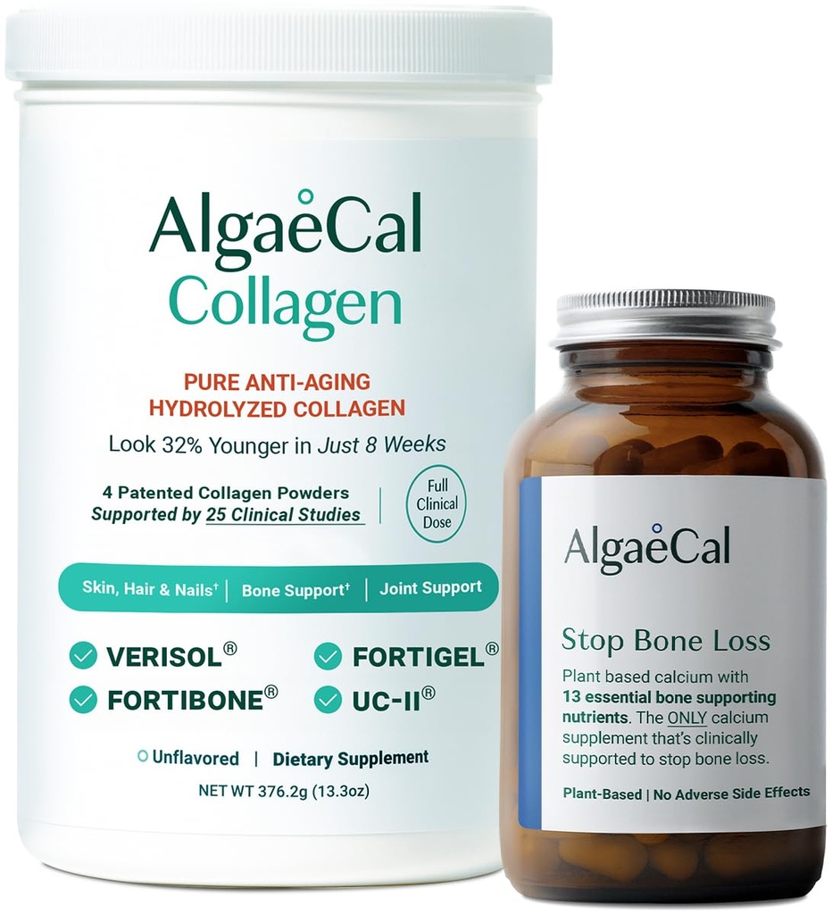 ALGAECAL Kalsium & kollagen Bundle - Hydrolysert kollagen Komplett med klinisk støttet Verisol, Fortibone & Fortigel, Plus 13 Bone støttende mineraler og vitamin D3 for bein helse og anti-aldring