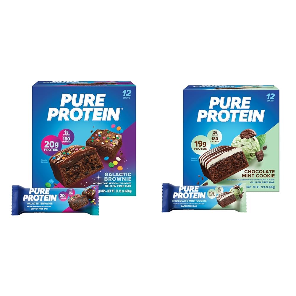 Pure Protein 12 Count Galactic Brownie & Chokolade Mint Cookie Protein Barer Bundle | 20g & 19g høy protein | Glutenfri | Pre & Post Trening | Lav sukker