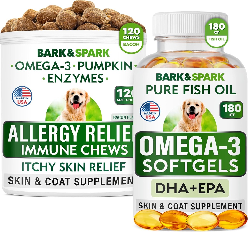 Allergi Relief + Omega 3 Bundle - Anti-Itch Skin & Coat Supplement + Skin Allergi - Omega 3 Fish Oil + EPA & DHA Fatty Acids - Kløe & Paw Licking + Joint Health - 120 Chews + 180 Softgels - Laget i USA