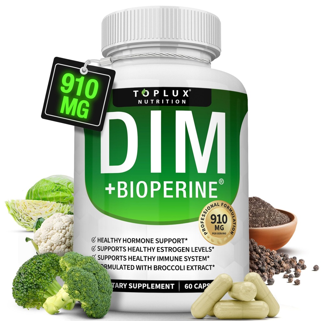 Dim Supplement 910 mg Plus BioPerine Complex - Diindolylmetan å støtte hormonbalanse og estrogenmetabolisme, hjelper med menopause Acne PCOS bedre hud bodybuilding, for menn kvinner, 60 kapsler
