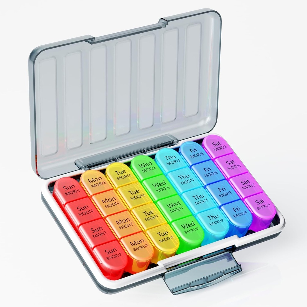 Zoksi Moisture-Proof Weekly Pille Organizer 4 ganger om dagen, 7 dagers pille Box 4X om dagen, en ukes reisepille tilfelle med 28 bærbare sammenligninger, medisinbeholder for vitaminer, kosttilskudd eller medisinering