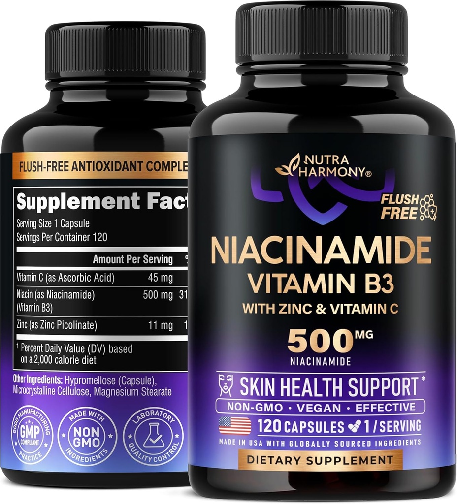 Niacinamide 500 mg - Vitamin B3 Flush-fri Form Niacinamid Supplement - sunn klar hud og antioksidant støtte - med sink og vitamin C - Lab testet, Vegan & NON-GMO - laget i USA - 120 kapsler