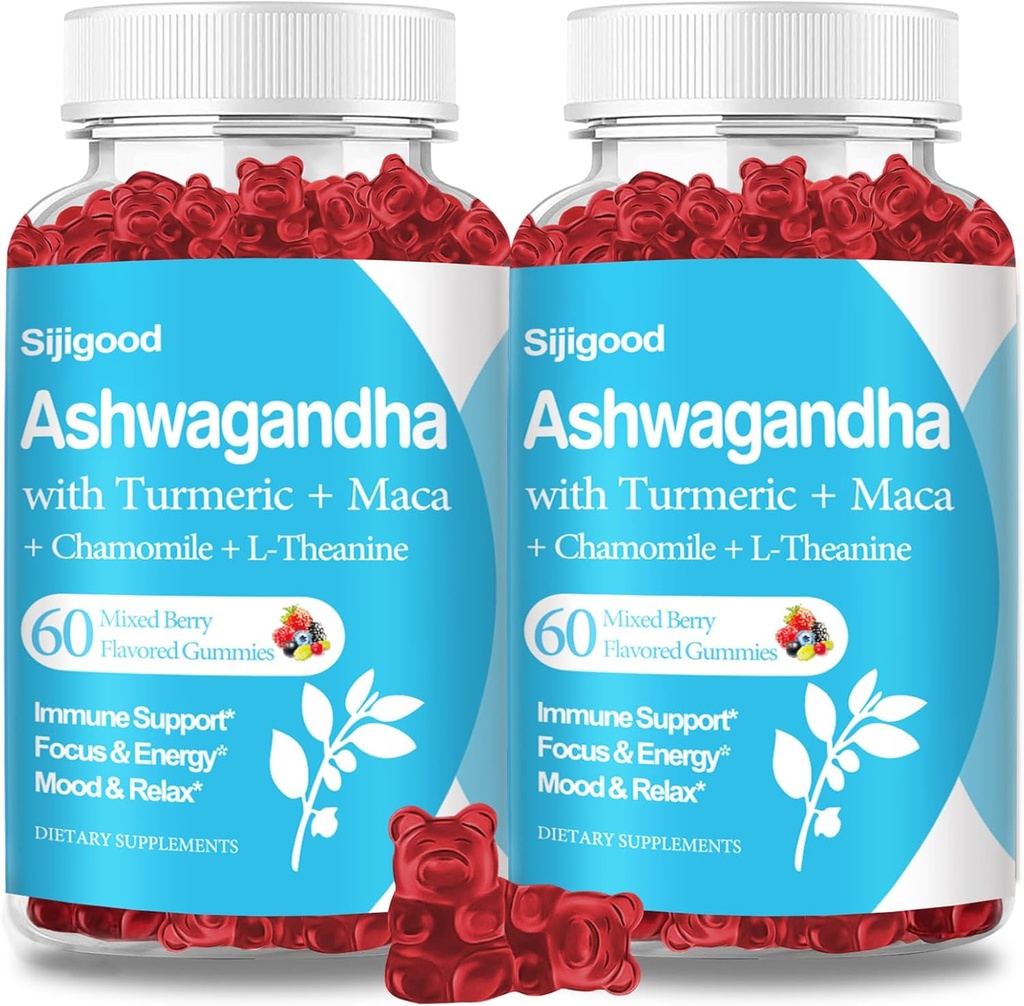 2 Pack Ashwagandha Gummier med L-theanine, Ashwa Root Supplement Gummy for kvinner menn, 120 Blandet Berry Flavored Gummies