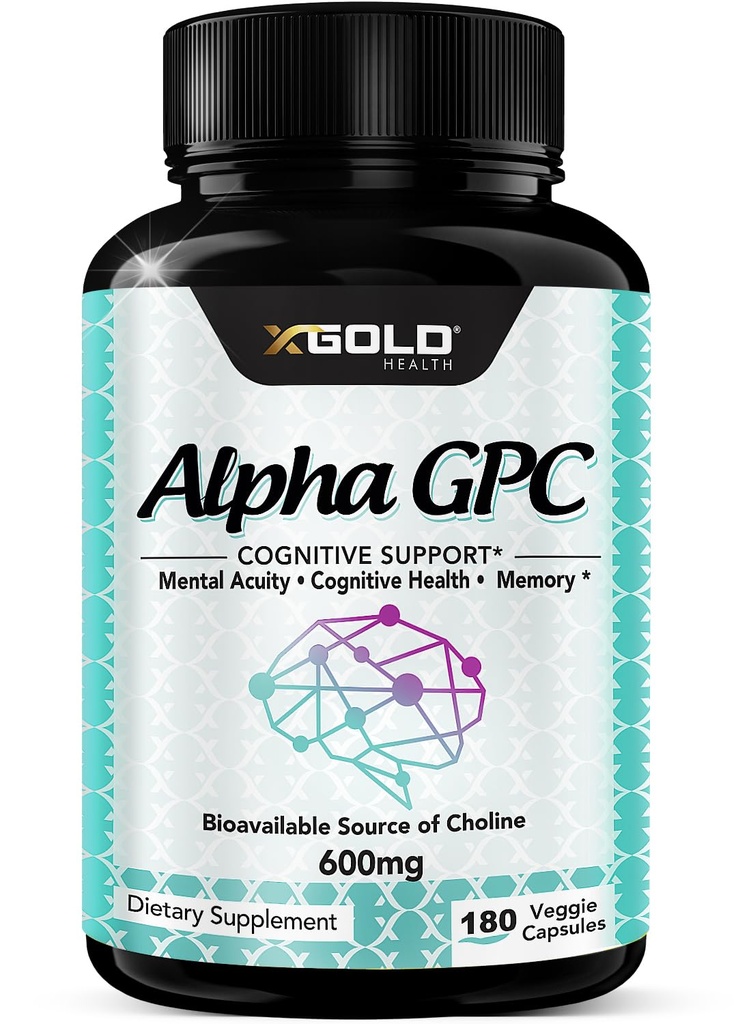 Alpha GPC Choline Supplement 600 mg, 99%+ Mye renset, Biotilgjengelig kilde til Choline,180 Veggie Capsules, Kognitiv forsterker Nootropic, støtter minne og hjernefunksjon, øker fokus og humør