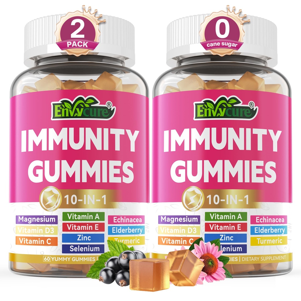 10 i 1 immunstøtte Supplement Gummies, w/Echinacea, Elderberry Vitamin C og Zink, Selenium, vitamin D3 5000IU, Magnesium, Daglig immunforsterkning Multivitamin, for Antioksidant Bone Energi, 2 Pack