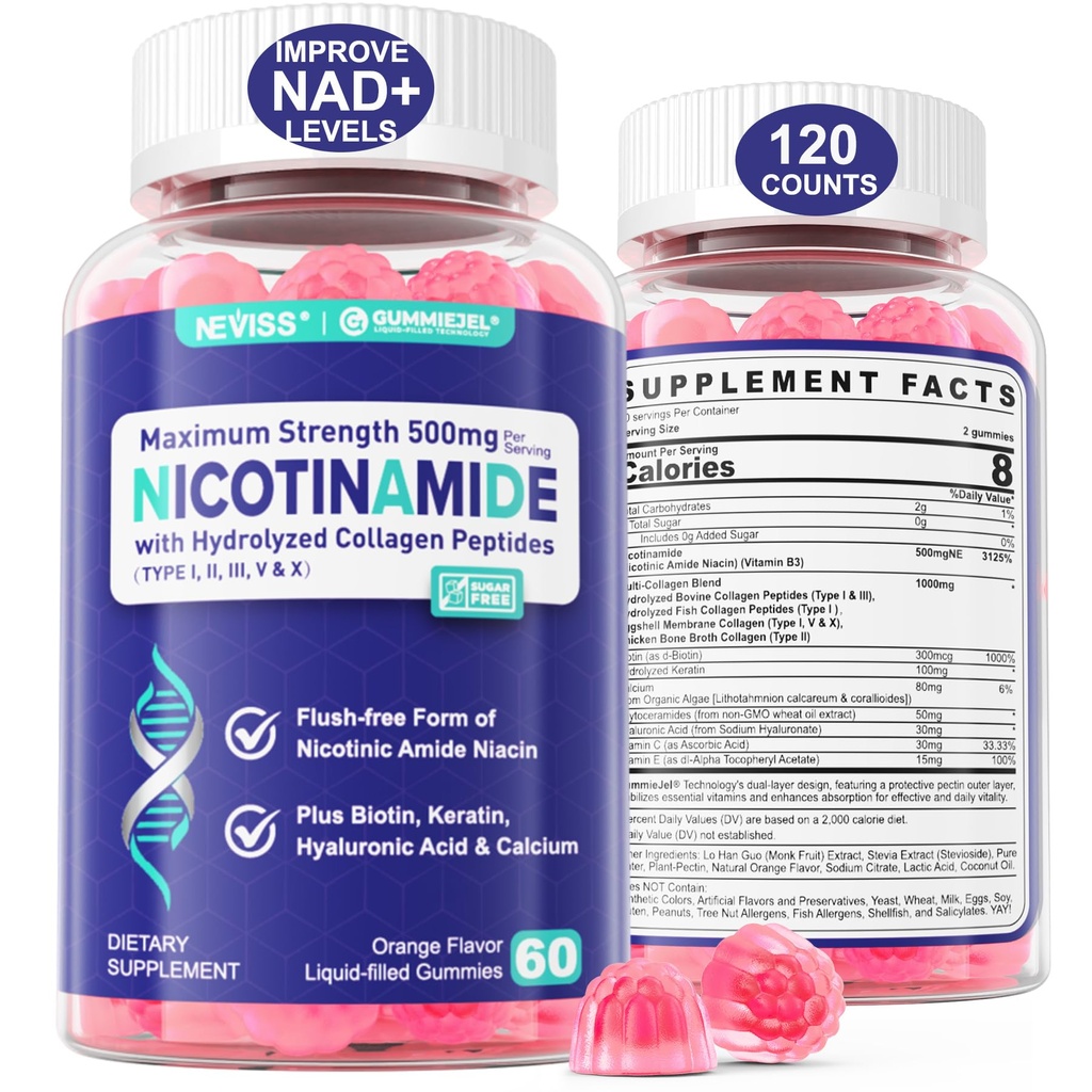 2 Pack - Nikotinamid 500mg Gummies, NAD + Supplement for kvinner og menn w / collagen Peptides, (Flush Free Niacin) Vitamin B3 Niacinamide for anti-Aging, NAD+ Nivåer, Lengde, Fokus og hjerne, Sukkerfri