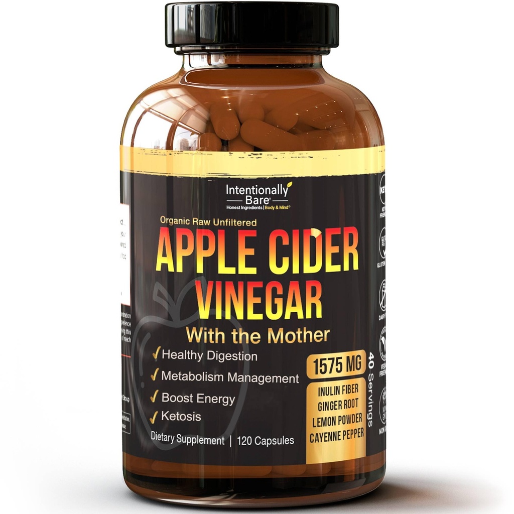 Apple Cider Vinegar med morkapsler - ACV Kapsler med Ginger, sitron, Cayenne og Inulin - Keto Vennlig og Glutenfri for energi, immunitet og Gut helse - 120 Kapsler