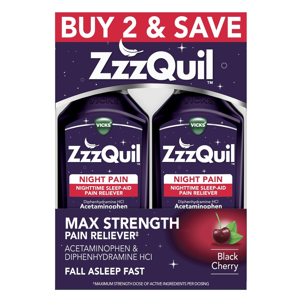 ZzzQuil Liquid Max Styrke Smerte Reliever, Natt søvnhjelp væske, Acetaminophen 1000mg, Diphenhydramine 50mg HCI, Ikke-Habit Forming, Svart Cherry Flavored, 2 Pack, 24 FL OZ
