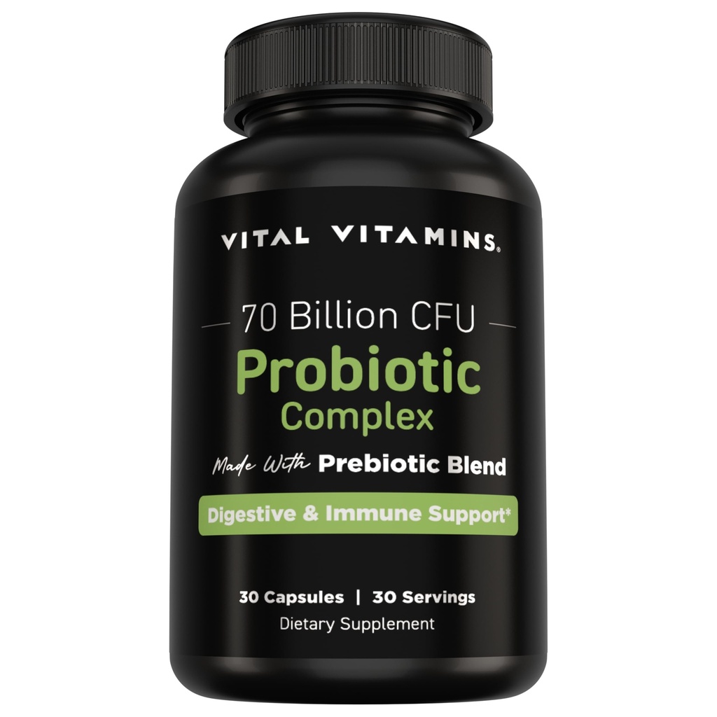 Vitale vitaminer Probiotiske kompleks for menn og kvinner - 70 milliarder CFU - laget med prebiotiske blanding - Digestive, Gut Helse, & Immune Support - Kraftig blanding av 10 strimler - 30 kapsler