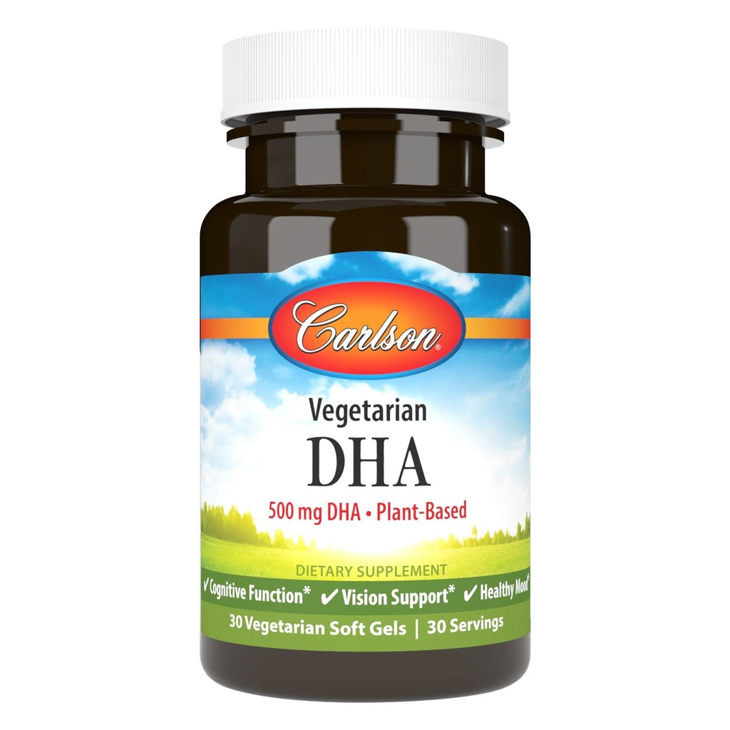 Carlson - Vegetarisk DHA, 500 mg DHA, Plant Basert, Sustainablely Source from Algae, Brain Support, Mood Health, 30 Softgels