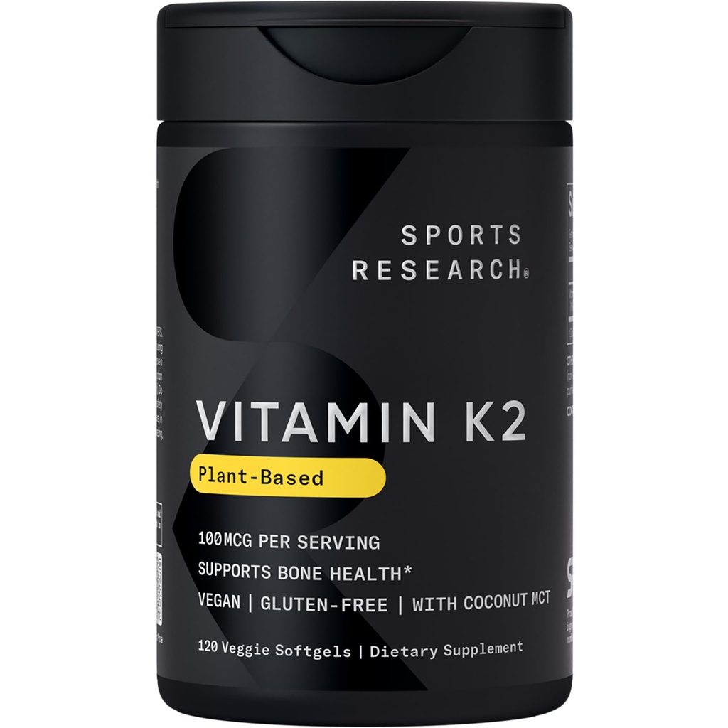 Sportsforskning vitamin K2 som MK-7 100mcg med kokos MCT olje - 120 Veggie Softgels (4 måneders forsyning) Vegansk sertifisert, ikke-GMO verifisert, Gluten & soya gratis