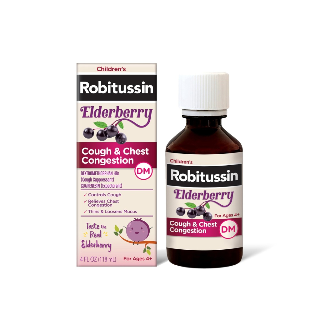 Robitussin Elderberry Cough + Chest Congestion DM Barne Cough medisin, bryst Congestion Relief og Cough Syrup - 4 Fl Oz