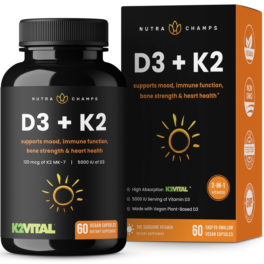 NutraChamps D3 med K2 MK7 Supplement for hjerte og bein helse | Vitamin D & K kompleks | 5000 IE vitamin D 3 & 100mg vitamin K 2 MK-7 | 60 vitamin K2 D3 kapsler