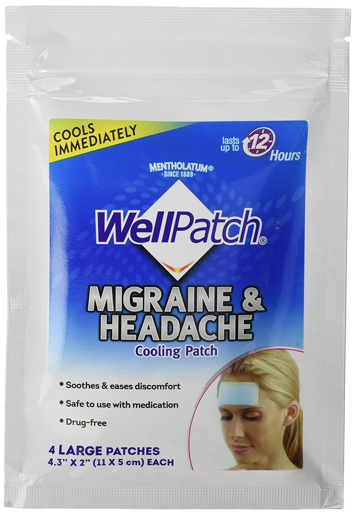 WellPatch Migraine og hodepine kjølelås - Drug Free, varer opp til 12 timer, trygt å bruke med medisinering - store lapper (4 store lapper), hver 4.3 x 2 i