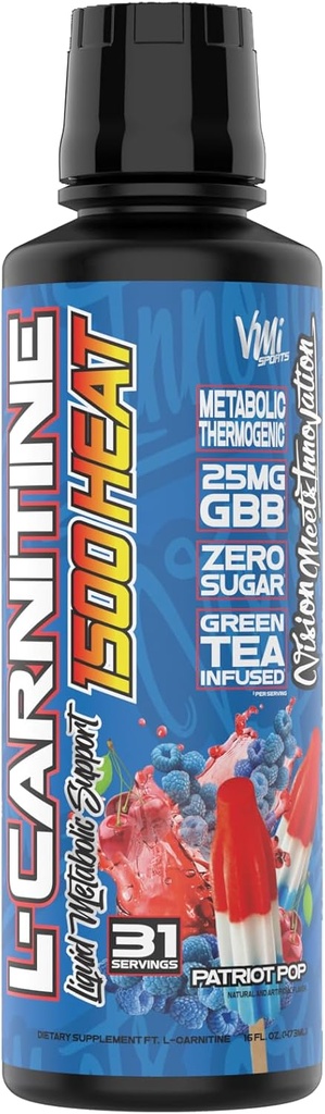 VMI Sports L-Carnitine 1500 Varmevæske Forbedret termogene | 1500 mg karnitin | Maksimal absorpsjon formel | Stor smak for menn og kvinner | 31 Serveringer (Patriot Pop)
