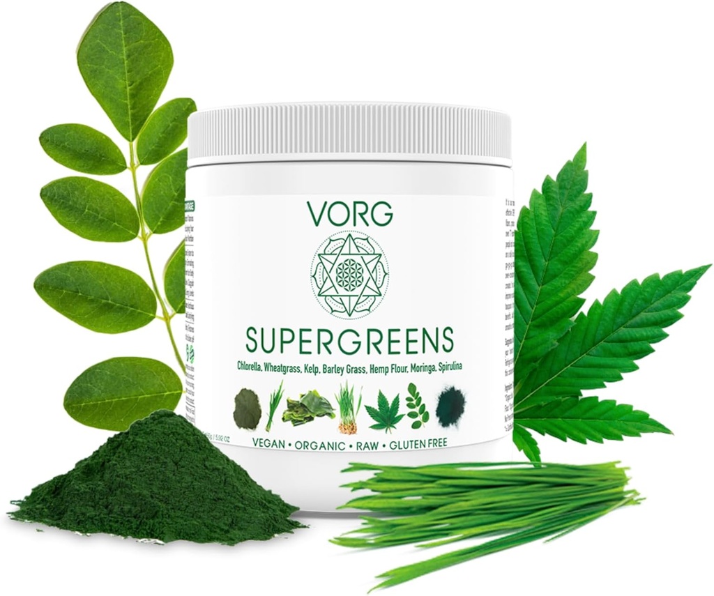 VORG SuperGreens - #1 Grønn Superfood pulver med klorella, Barley Grass, Moringa, Kelp, Spirulina, Wheatgrass - 100% økologisk - Probiotika, Fiber & Enzymer (1 ukes forsyning)