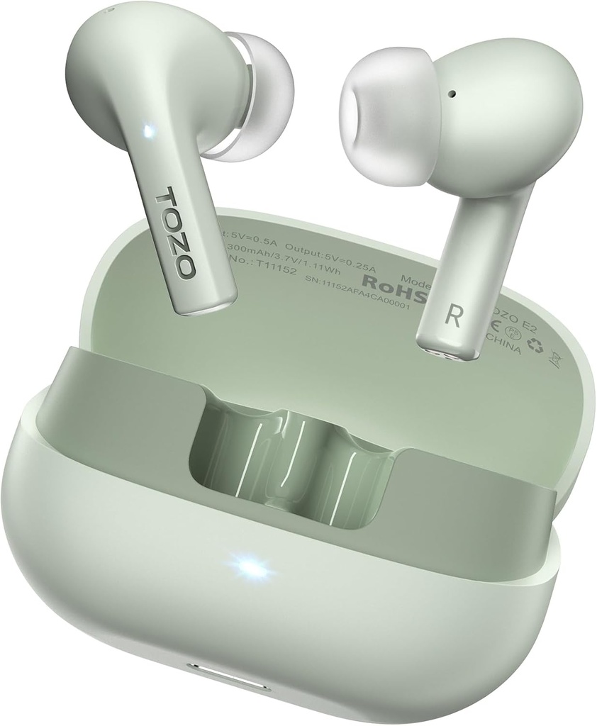 TOZO E2 Trådløse ørepropper med 2 mikrofoner AI ring støyavbestilling, 10 mm drivere med kraftig bass, app tilpasse 32 EQs, 30H spilletid, Bluetooth 5.3 ørestøy Buds, komfort Fit i øret hodetelefoner