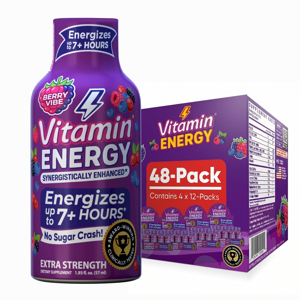 Vitamin energi Mood+ Ekstra styrke energi Shot Tropical Berry 48 Pack, 260mg naturlig kaffe, B-vitaminer, Rhodiola, Kamille, Mood & Energy Support, Null sukker, Glutenfri, Vegan, 1.93 fl oz