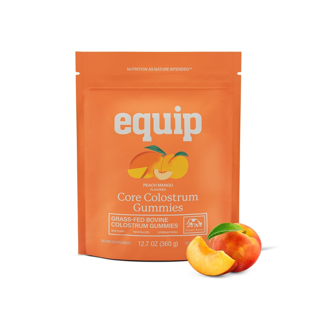 Equip Foods Core Bovine Colossum Gummies, Delicious 1g Per Seving Grass Fed Colostrum Supplement - Gut Helse, Immunitet, Recovery, Hår og hud - 60 Bovine Colostrum Gummies, 30 Services, Peach Mango