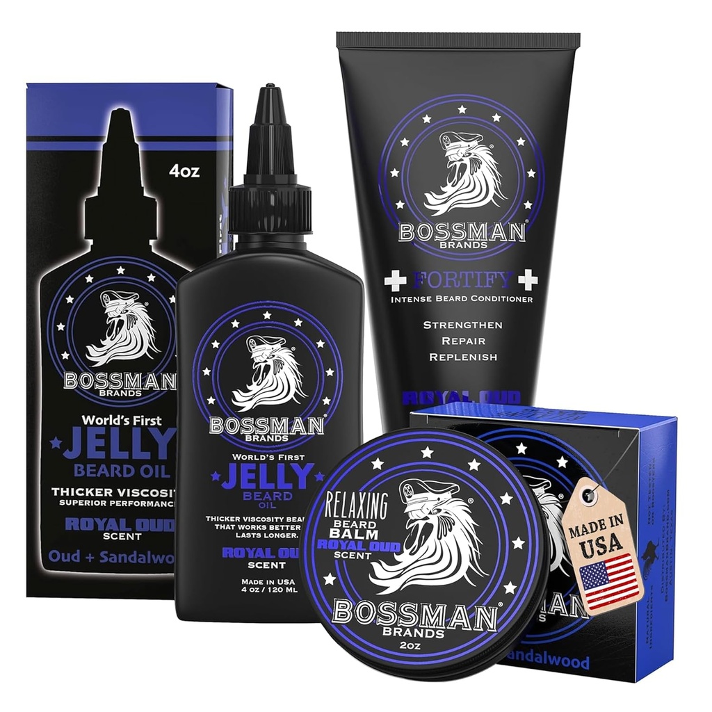 Bossman Essentials Beard Kit for menn, sett av 3 - Beard Oil Jelly, Fortining balsam, Beard Balm - Grooming Vekst Care tilbehør - Gavesett for menn (Royal Oud)