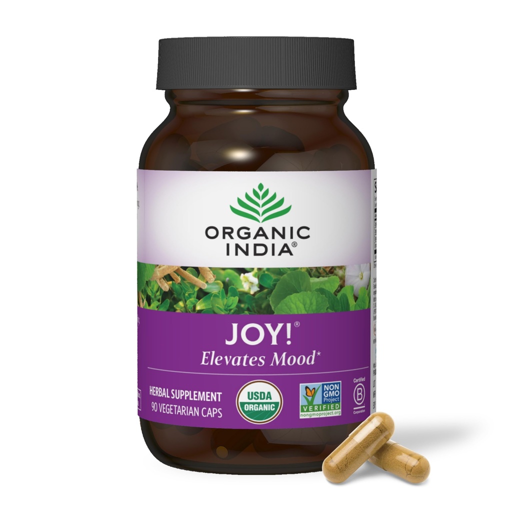 ORGANIC INDIA Joy Herbal Supplement - Immun støtte, fremmer minne og konsentrasjon, Vegansk, Glutenfri, Kosher, USDA sertifisert organisk, ikke-GMO, beroligende - 90 kapsler