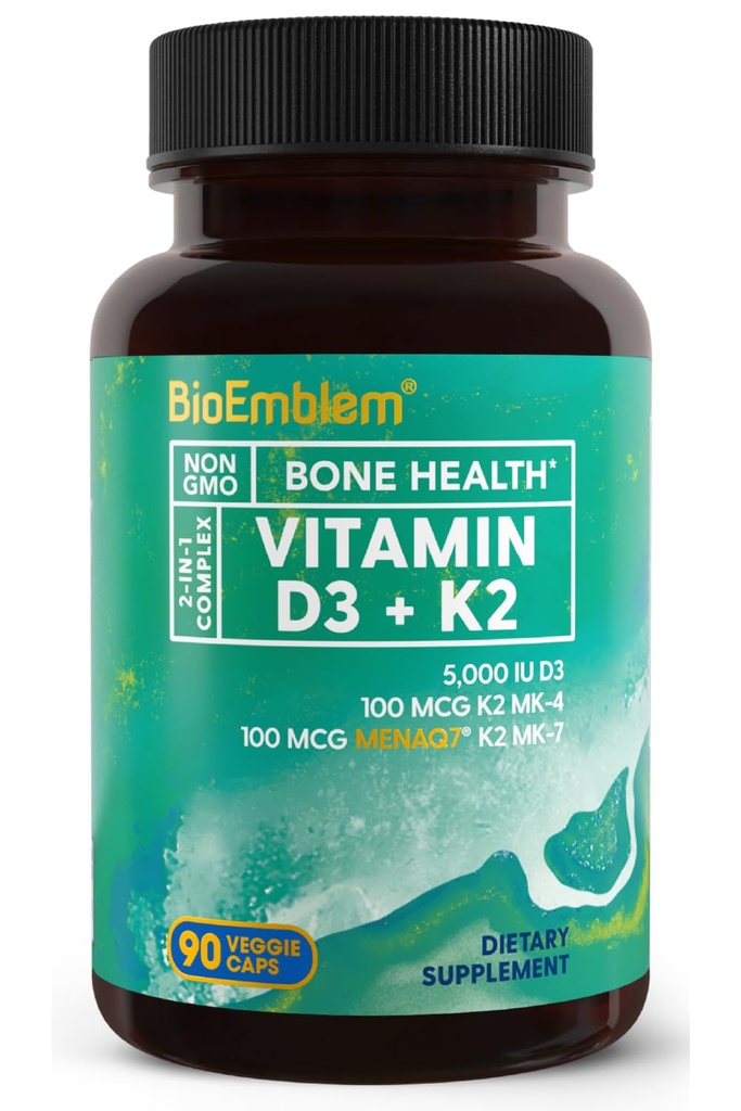 BioEmblem vitamin D3 K2 kapsler (5000IU og 200mcg) - Patentert MK7 og MK4 for 3-i-1 kompleks støtte - Vegetarisk vitamin D K2 Supplement for tenner, hjerte, immunsystem - Ikke-GMO, 90 Caps