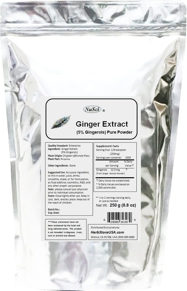 Ginger Root Extract 250g (8,8 oz) pulver Standardisert 5% Gingeroler, støtte Digestive System