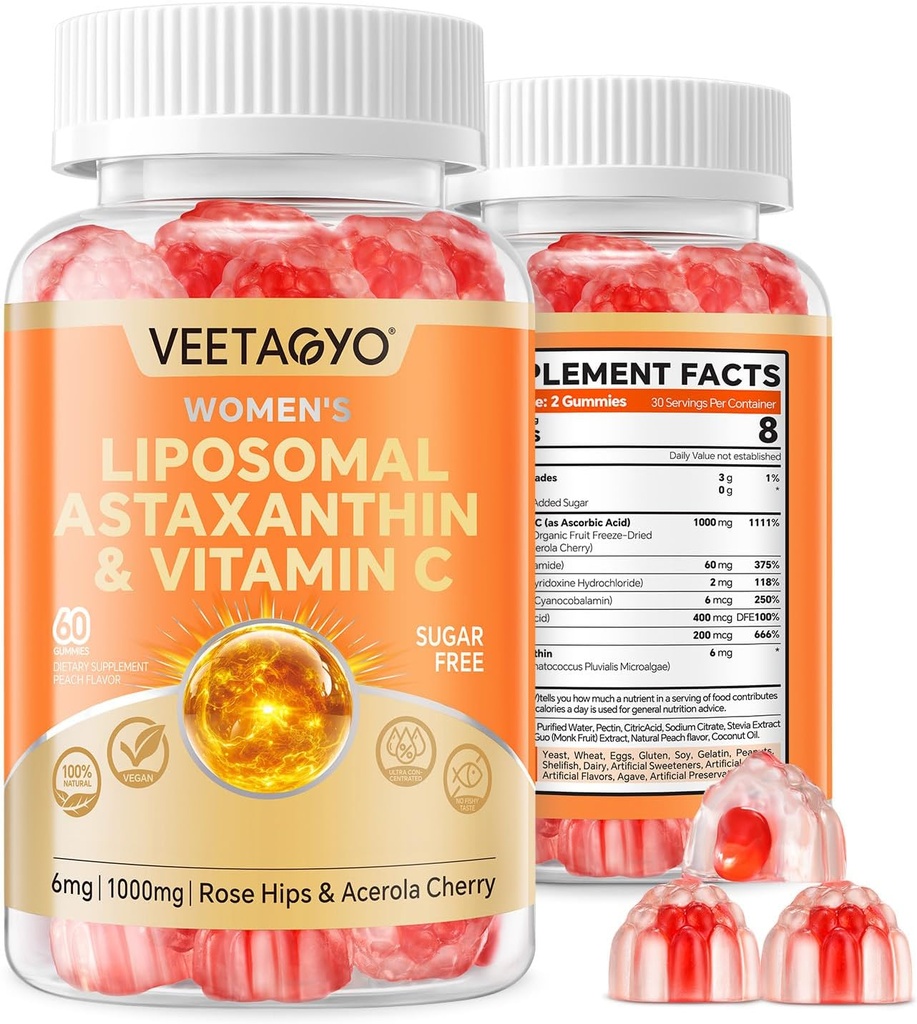 Astaxanthin kosttilskudd 6mg + Liposomal Vitamin C 1000mg - Dual Layer - Niacin B6,B12, Folat,Biotin - Antioksidanter - Gelatin Free,Sugar Free,60Cts