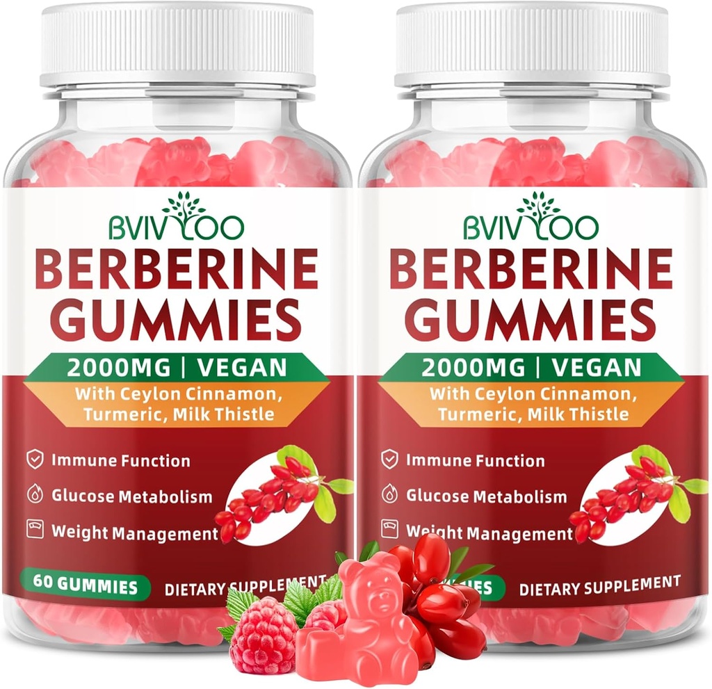 2 Pack Berberine Gummies, 2000 mg høy potens Berberine HCI Supplement, Plus Ceylon Cinnamon, Melk Thistle for kvinner og menn, immunsystem og metabolisme støtte - 120 Gummies