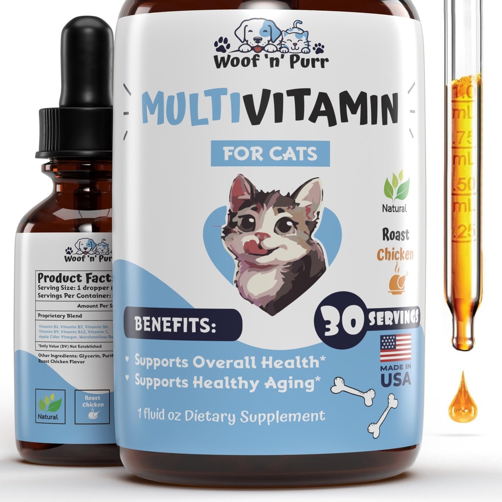 Cat Multivitamin - Fremmer sunn hud & Coat, felles støtte, lang levetid og mer - Kattvitaminer - Katttilskudd og vitaminer - Kattvitaminer for innendørs katter - Kitten Vitaminer - Katt Immun Support - 1oz