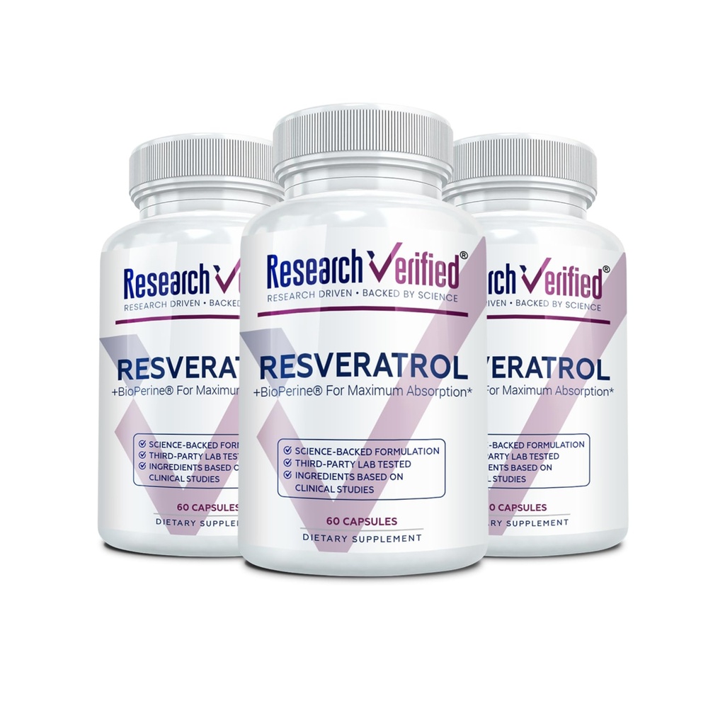 Forskning Bekreftet Resveratrol - 98% Trans-Resveratrol 1000 mg, Anti-Aging støtte - 60 kapsler per flaske - 3 flasker