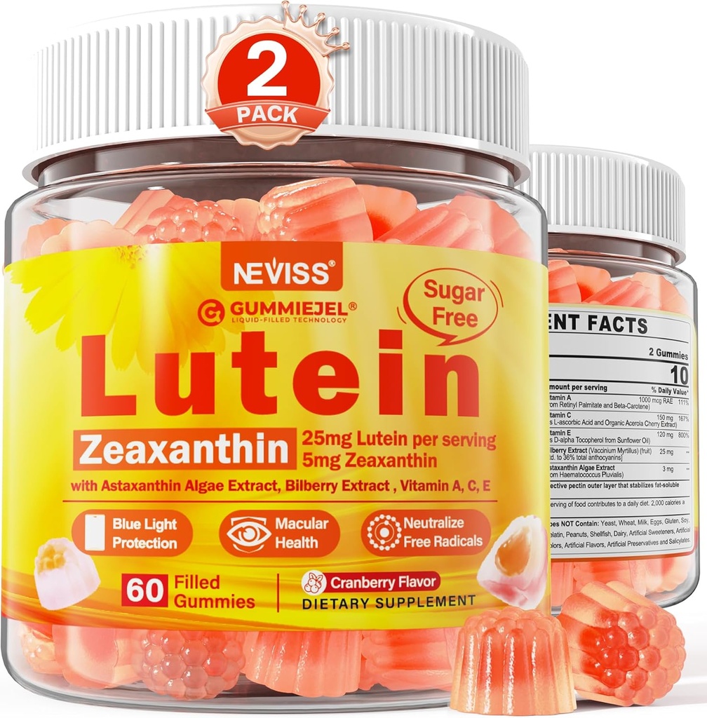 2 Pack Lutein og Zeaxanthin kosttilskudd Gummies (25mg) Vitaminer A, C, E, Bilbær, Astaxanthin - Kokosolje for bedre absorpsjon - for voksne og tenåringer visjon, øye, hjerne, hud - vegansk, sukkerfri