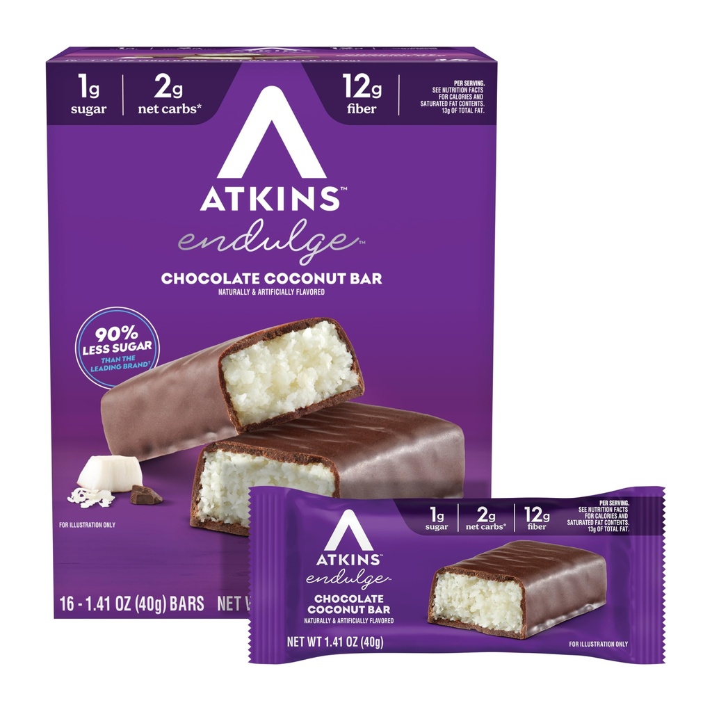Atkins Endulge Sjokolade Coconut Flavored Bar, lav sukkerbehandling, høy i fiber, 16 greve
